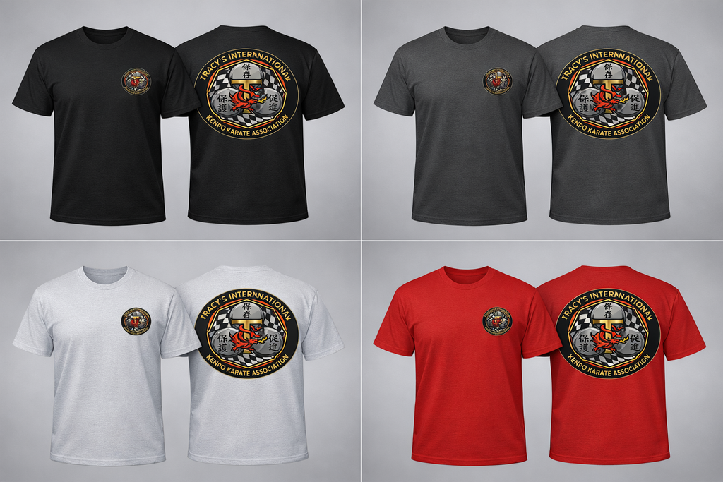 Four color options of a short-sleeve crewneck t-shirt showing both front and back views in a 2x2 grid. The shirts are black, dark gray, white, and red, each featuring a circular 'Space Force International' emblem printed on the chest and a larger matching emblem on the back.