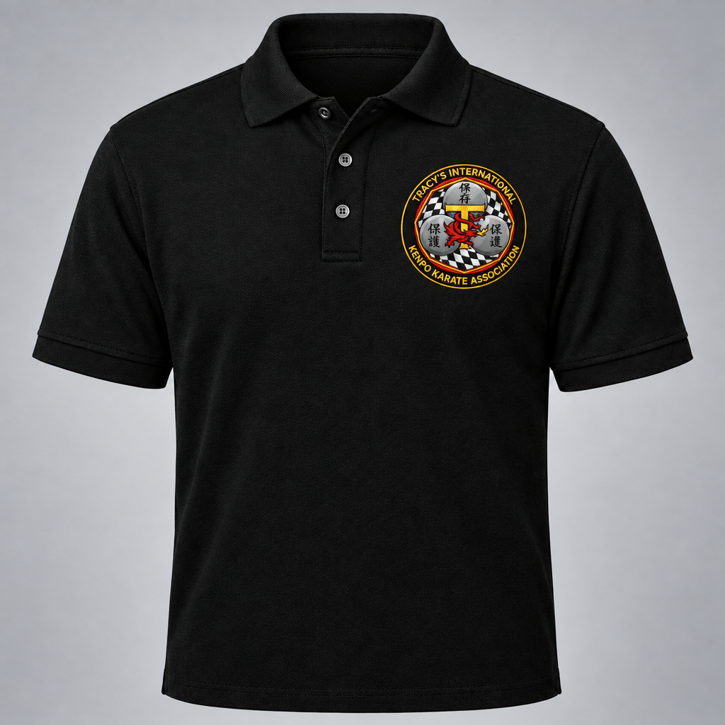 Black polo with the hoodie-matched T.I.K.K.A. emblem reading Tracy's International at the top and Kenpo Karate Association at the bottom.