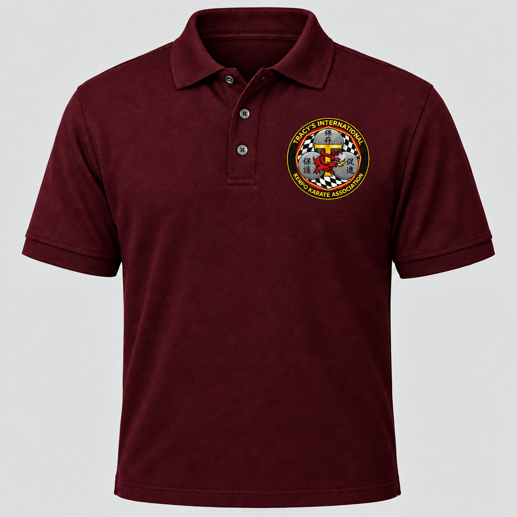 Burgundy polo with the hoodie-matched T.I.K.K.A. emblem reading Tracy's International at the top and Kenpo Karate Association at the bottom.