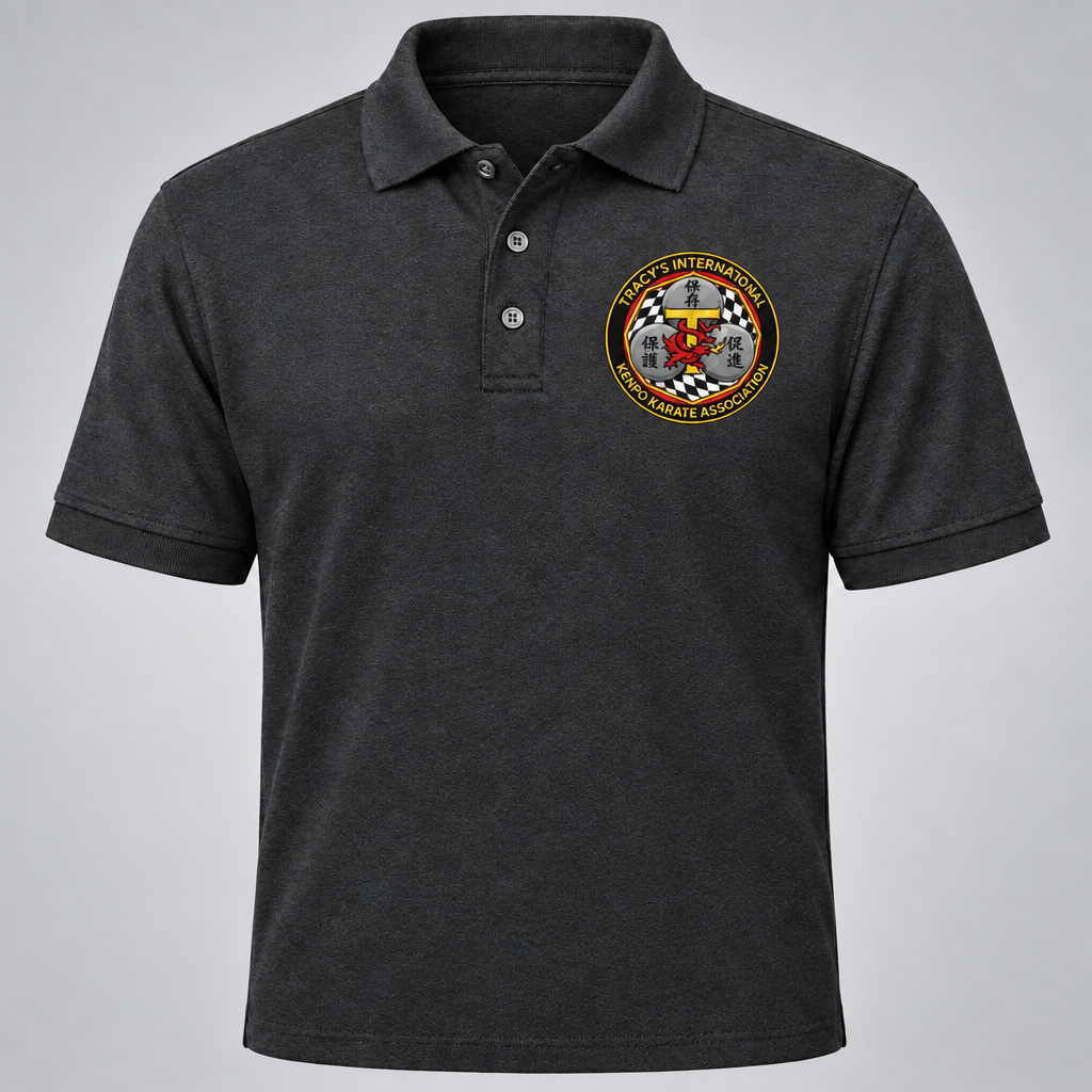 Dark gray polo with the hoodie-matched T.I.K.K.A. emblem reading Tracy's International at the top and Kenpo Karate Association at the bottom.