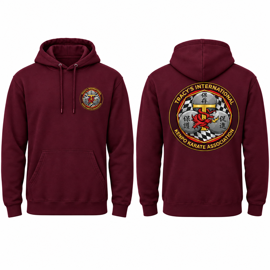 Burgundy cotton hoodie mockup, showing the TIKKA MODERN logo on the front left chest and a larger logo on the back.