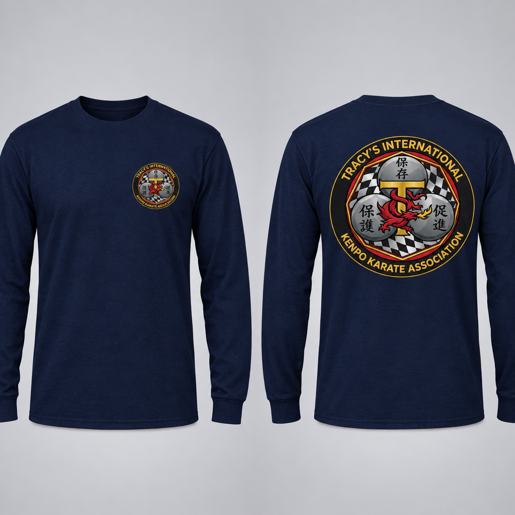 Navy Modern Design TIKKA long-sleeve T-shirt with front and back emblem views.