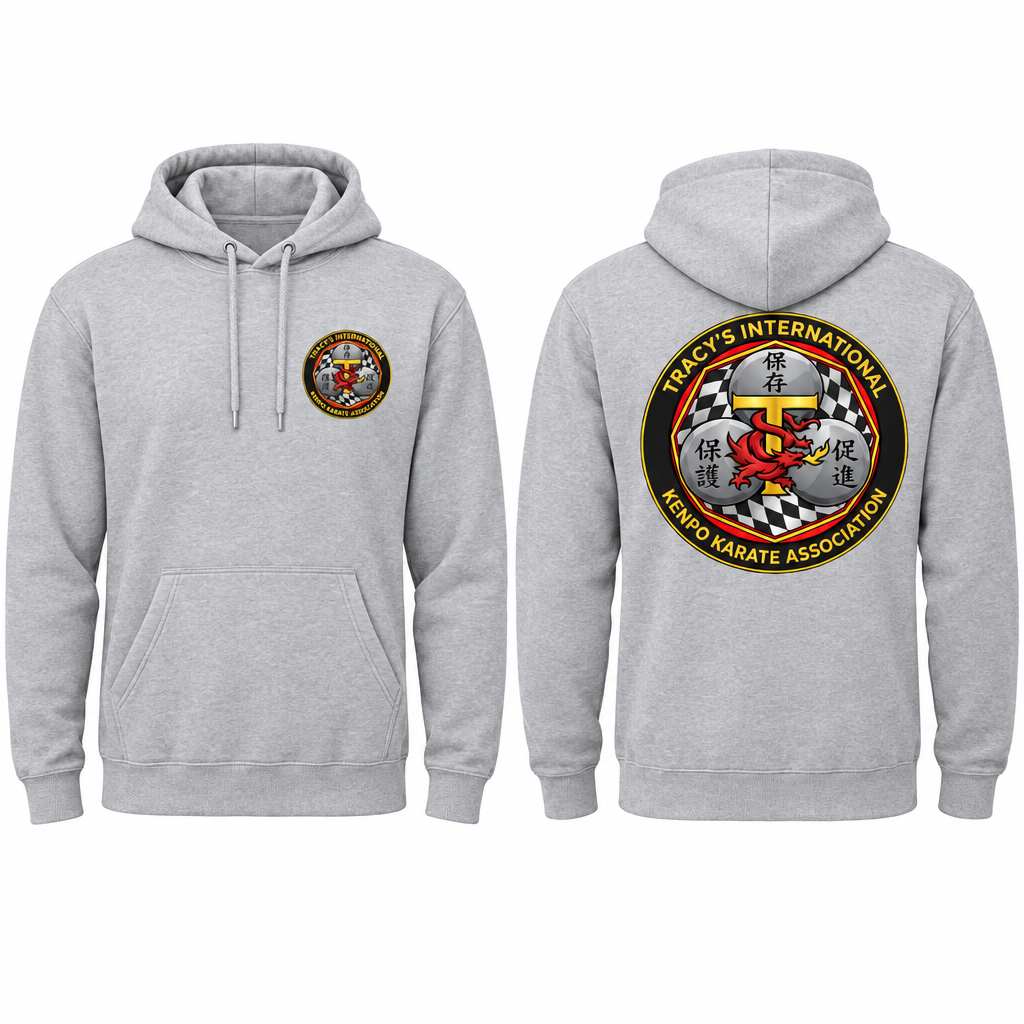 Light grey cotton hoodie mockup, showing the TIKKA MODERN logo on the front left chest and a larger logo on the back.