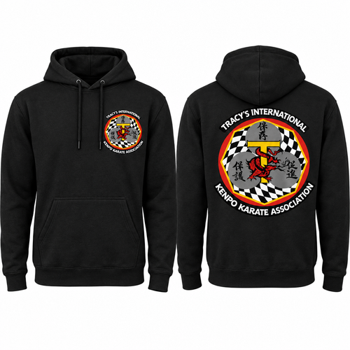 Black cotton-poly hoodie showing the original T.I.K.K.A. logo on the front and back.