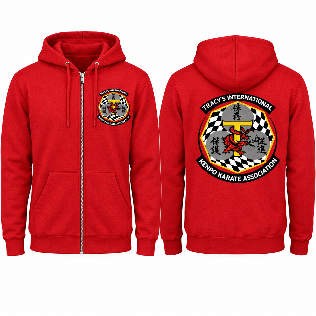 Red zip-up cotton-poly hoodie mockup showing the original T.I.K.K.A. logo on the front and back. Red is a mockup preview only.