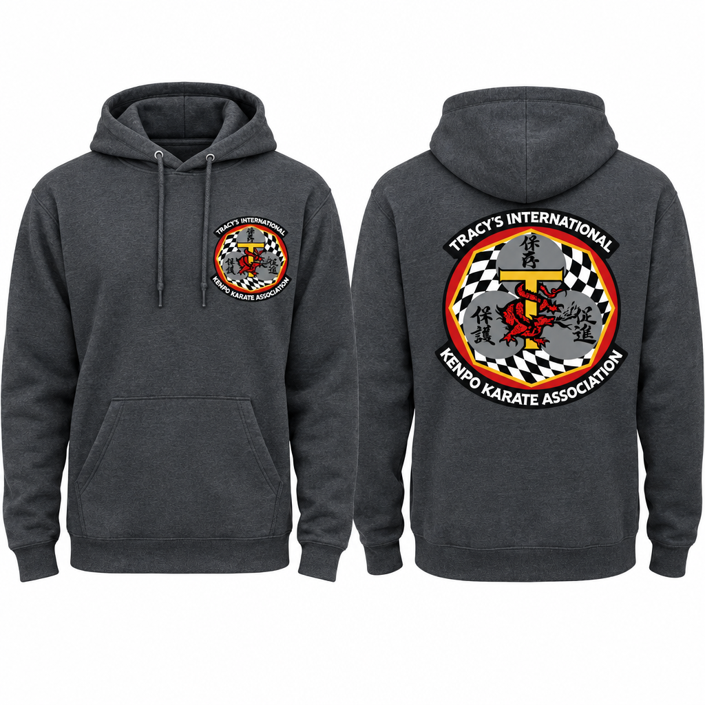 Grey cotton-poly hoodie showing the original T.I.K.K.A. logo on the front and back.