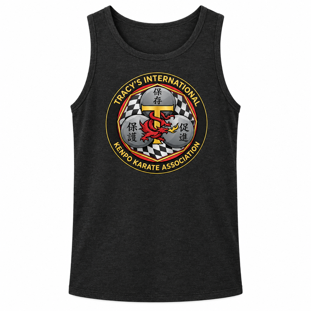 Dark grey tank top with a large TIKKA MODERN design centered on the front.
