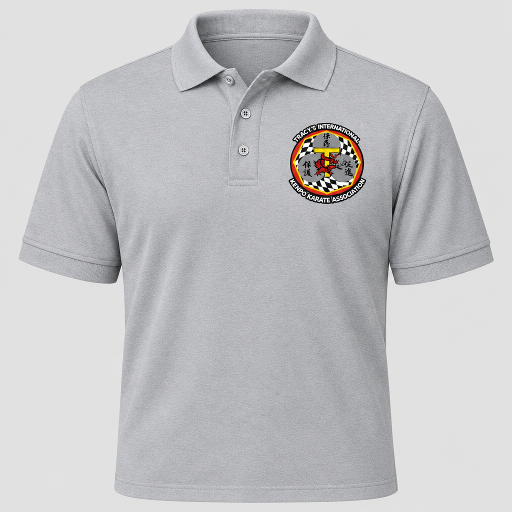 Light silver-gray polo shirt with original T.I.K.K.A. chest logo on a light gray background.