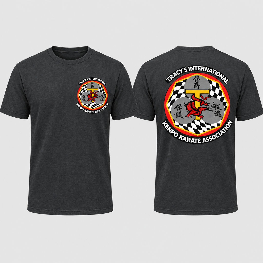 Dark gray T-shirt with the original T.I.K.K.A. chest and back logos on a light-gray background.