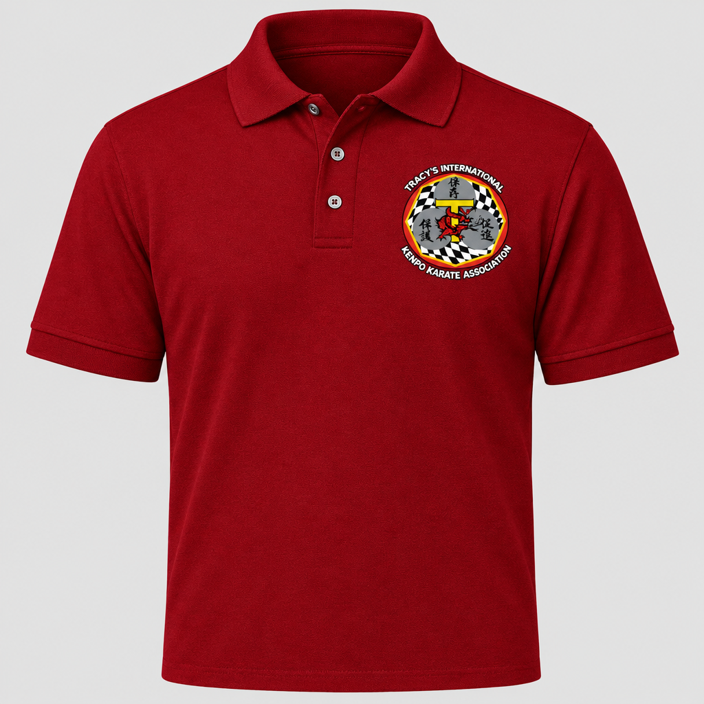 Red polo shirt with original T.I.K.K.A. chest logo on a light gray background.