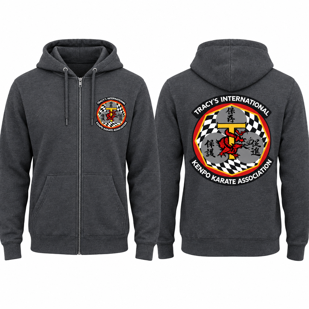 Grey zip-up cotton-poly hoodie mockup showing the original T.I.K.K.A. logo on the front and back.