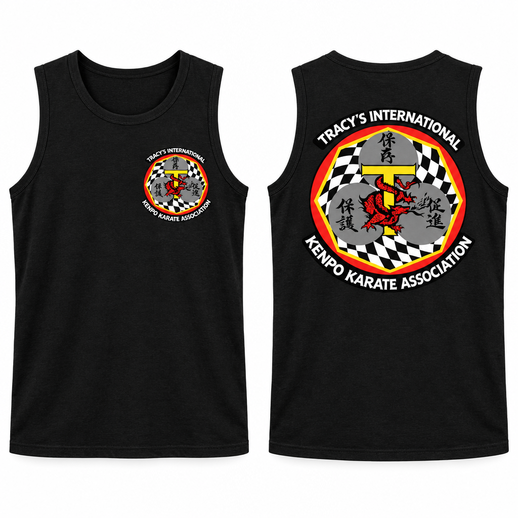 Black sleeveless tank-top mockup showing the original T.I.K.K.A. logo on the front and back.