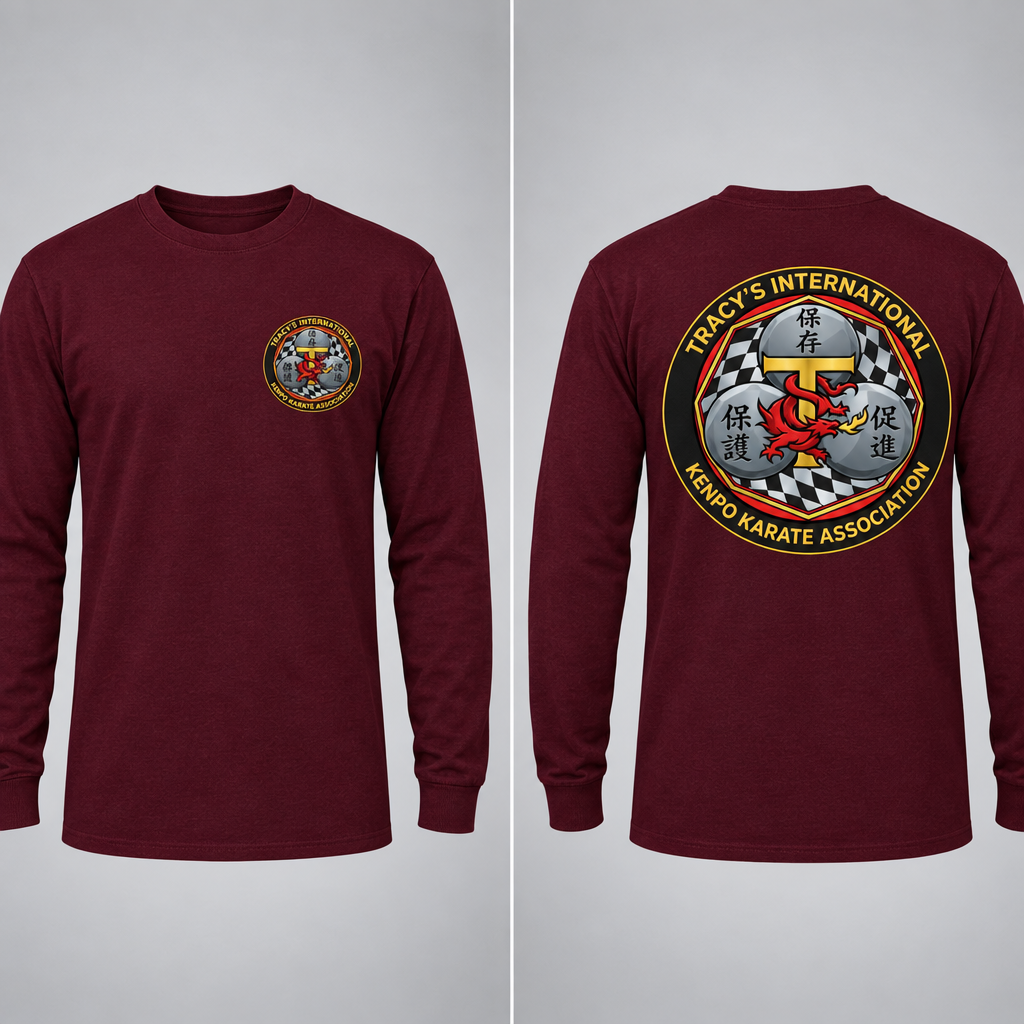 Burgundy Modern Design TIKKA long-sleeve T-shirt with front and back emblem views.
