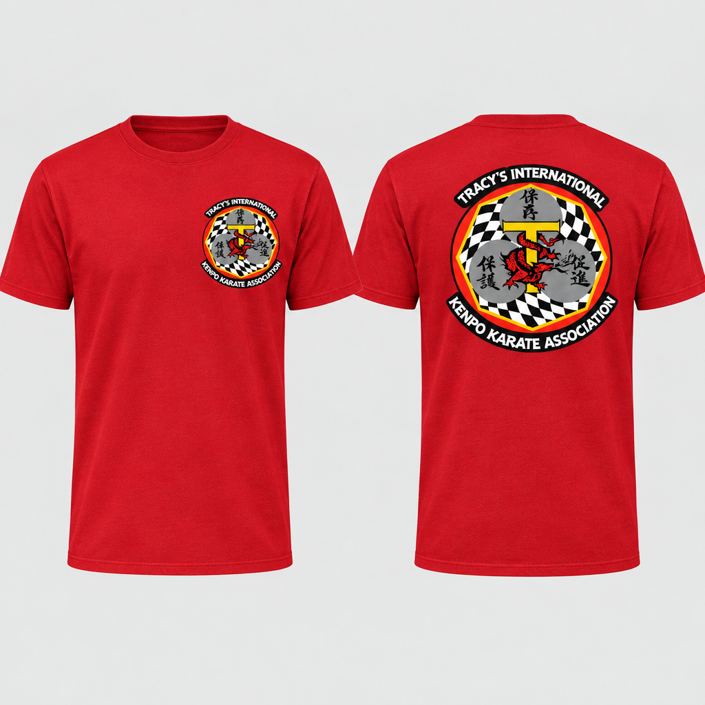 Red T-shirt with the original T.I.K.K.A. chest and back logos on a light-gray background.