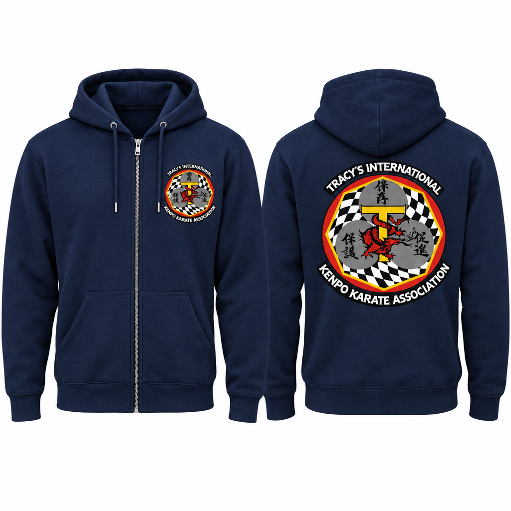 Navy zip-up cotton-poly hoodie mockup showing the original T.I.K.K.A. logo on the front and back.