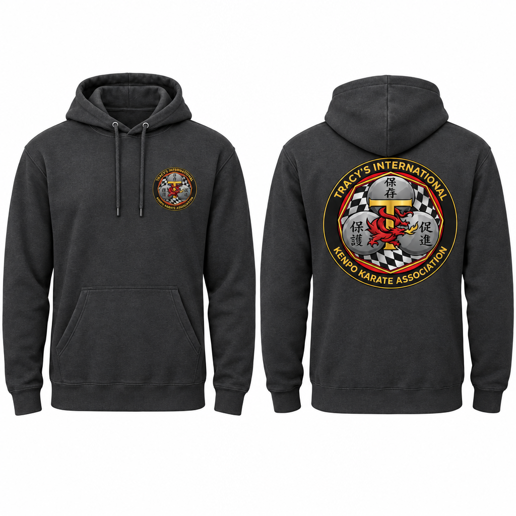 Dark grey cotton hoodie mockup, showing the TIKKA MODERN logo on the front left chest and a larger logo on the back.