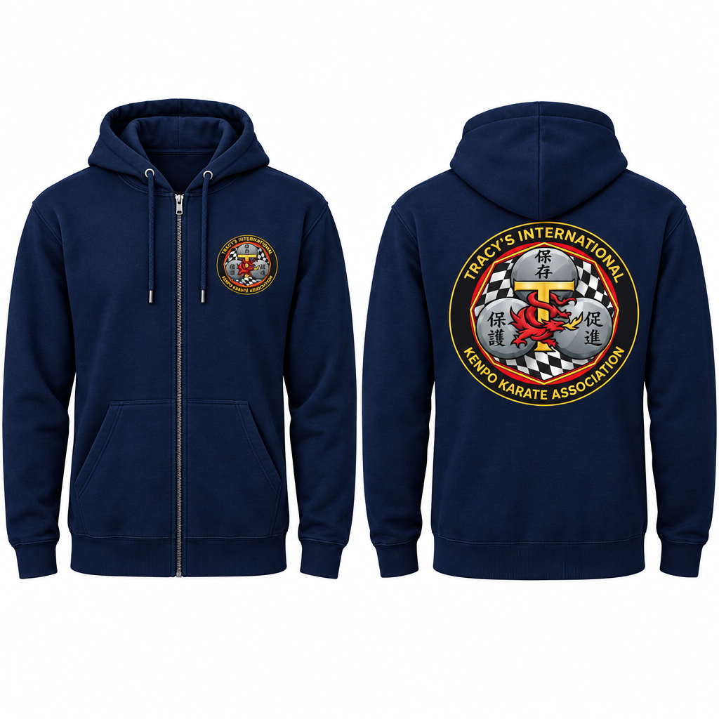 Navy full-zip cotton-poly hoodie with TIKKA MODERN logo on the front left chest area and larger logo on the back.