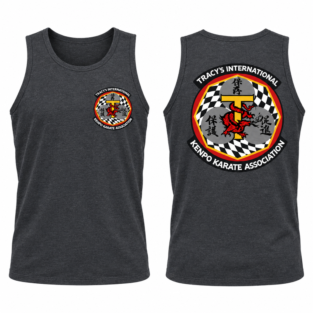 Grey sleeveless tank-top mockup showing the original T.I.K.K.A. logo on the front and back.