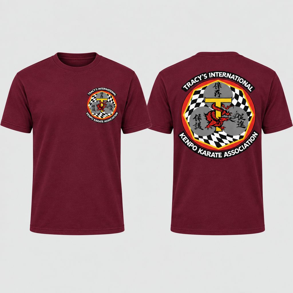 Burgundy T-shirt with the original T.I.K.K.A. chest and back logos on a light-gray background.