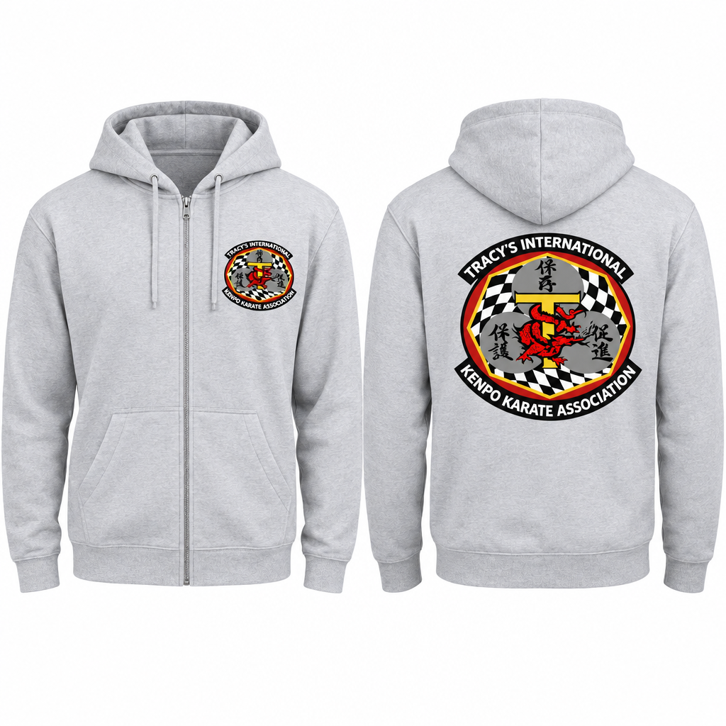 Light grey zip-up cotton-poly hoodie mockup showing the original T.I.K.K.A. logo on the front and back.