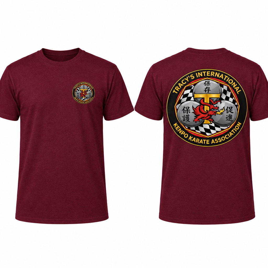 Burgundy T-shirt mockup with TIKKA MODERN front-left chest emblem and larger back design.