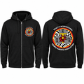 Black zip-up cotton-poly hoodie mockup showing the original T.I.K.K.A. logo on the front and back.