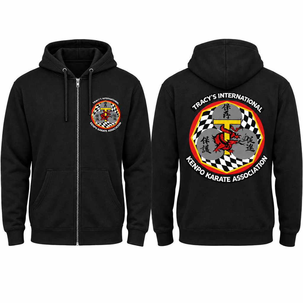Black zip-up cotton-poly hoodie mockup showing the original T.I.K.K.A. logo on the front and back.