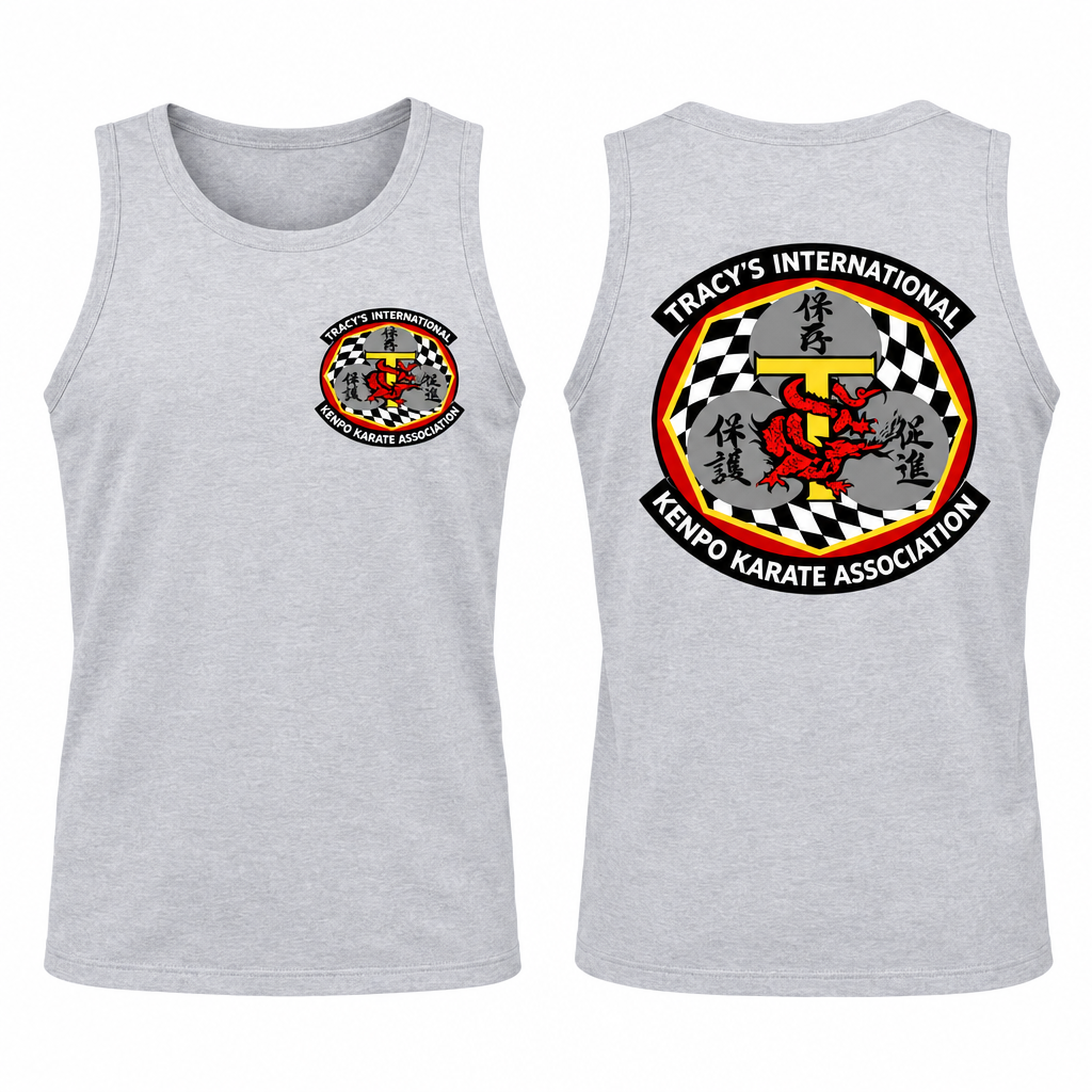 Light grey sleeveless tank-top mockup showing the original T.I.K.K.A. logo on the front and back.