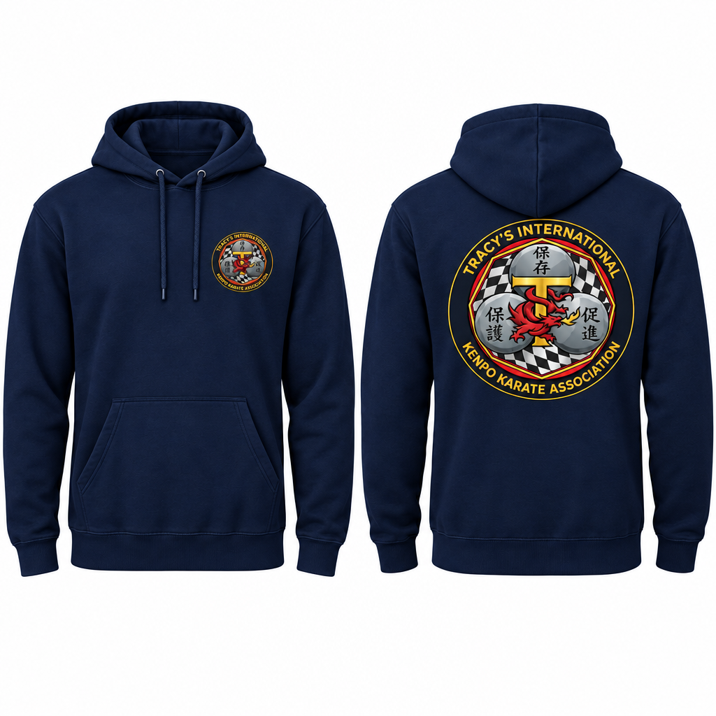 Navy blue cotton hoodie mockup, showing the TIKKA MODERN logo on the front left chest and a larger logo on the back.