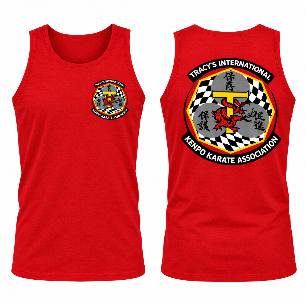 Red sleeveless tank-top mockup showing the original T.I.K.K.A. logo on the front and back. Red is a mockup preview only.