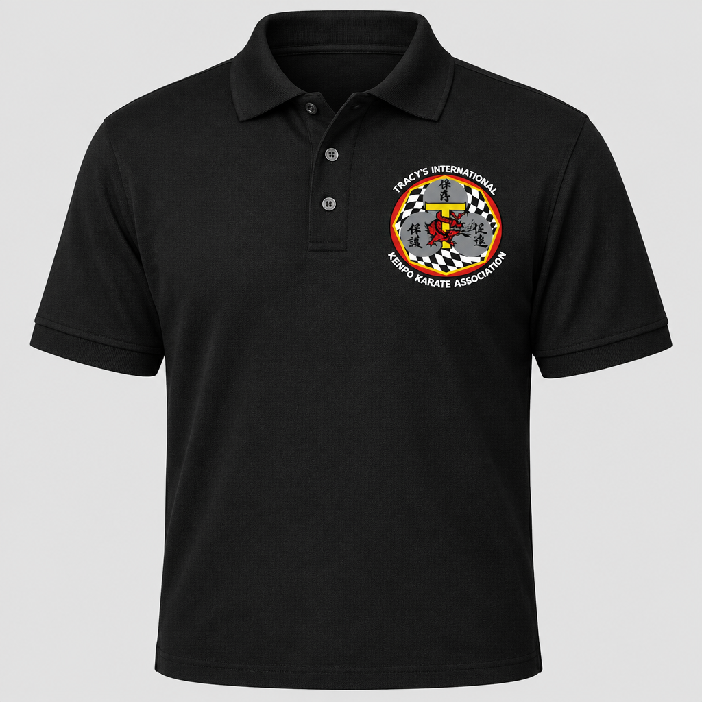 Black polo shirt with original T.I.K.K.A. chest logo on a light gray background.