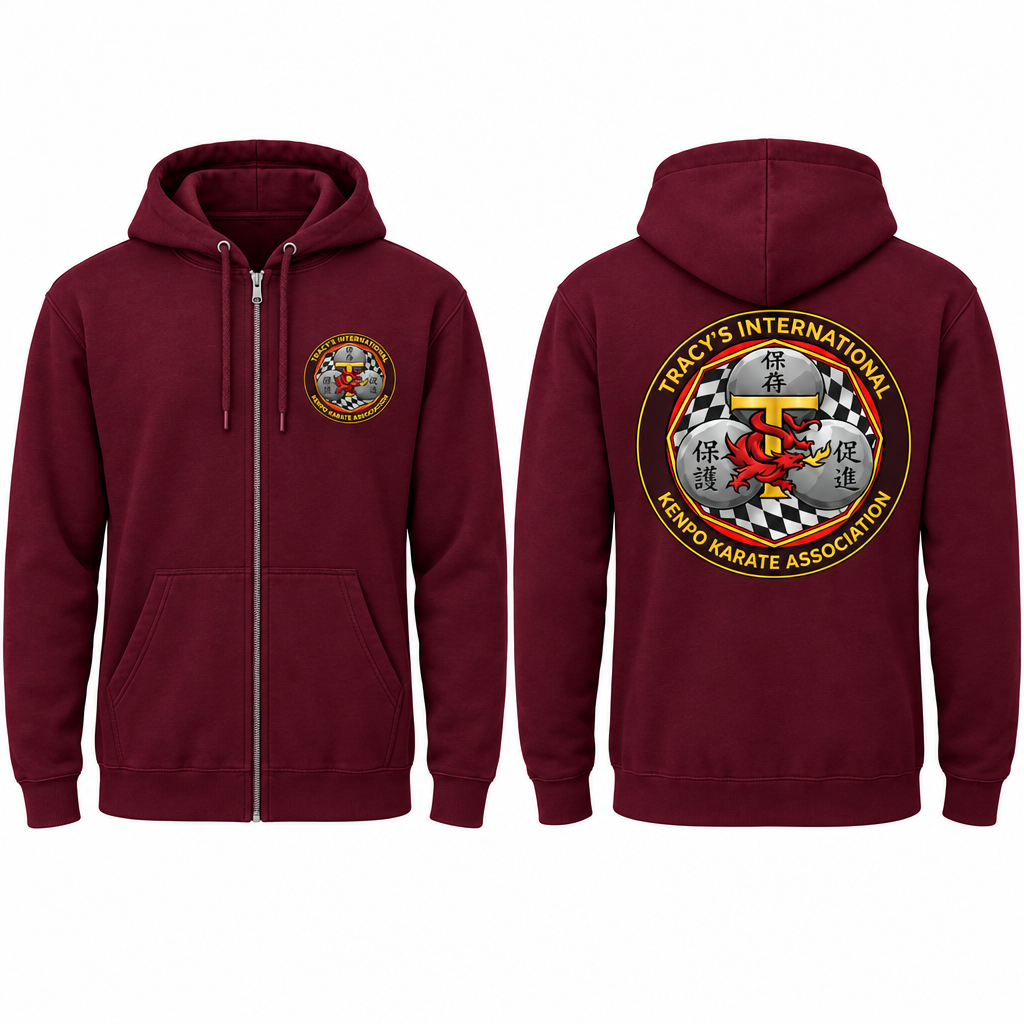 Burgundy full-zip cotton-poly hoodie with TIKKA MODERN logo on the front left chest area and larger logo on the back.
