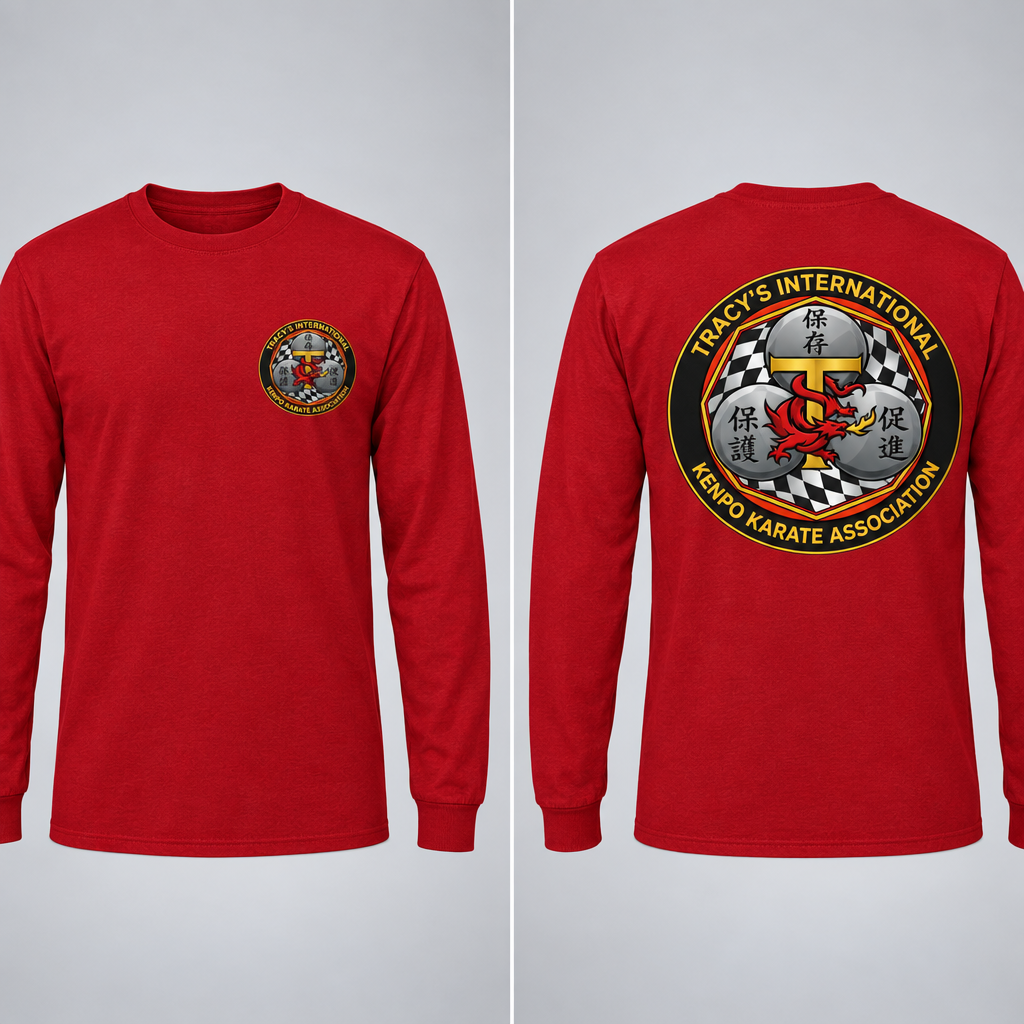 Red Modern Design TIKKA long-sleeve T-shirt with front and back emblem views.