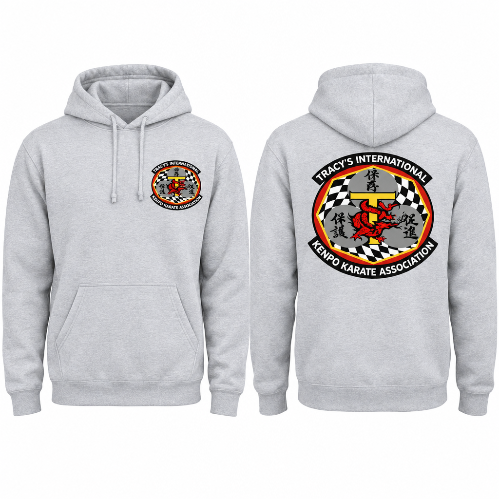 Light grey cotton-poly hoodie showing the original T.I.K.K.A. logo on the front and back.