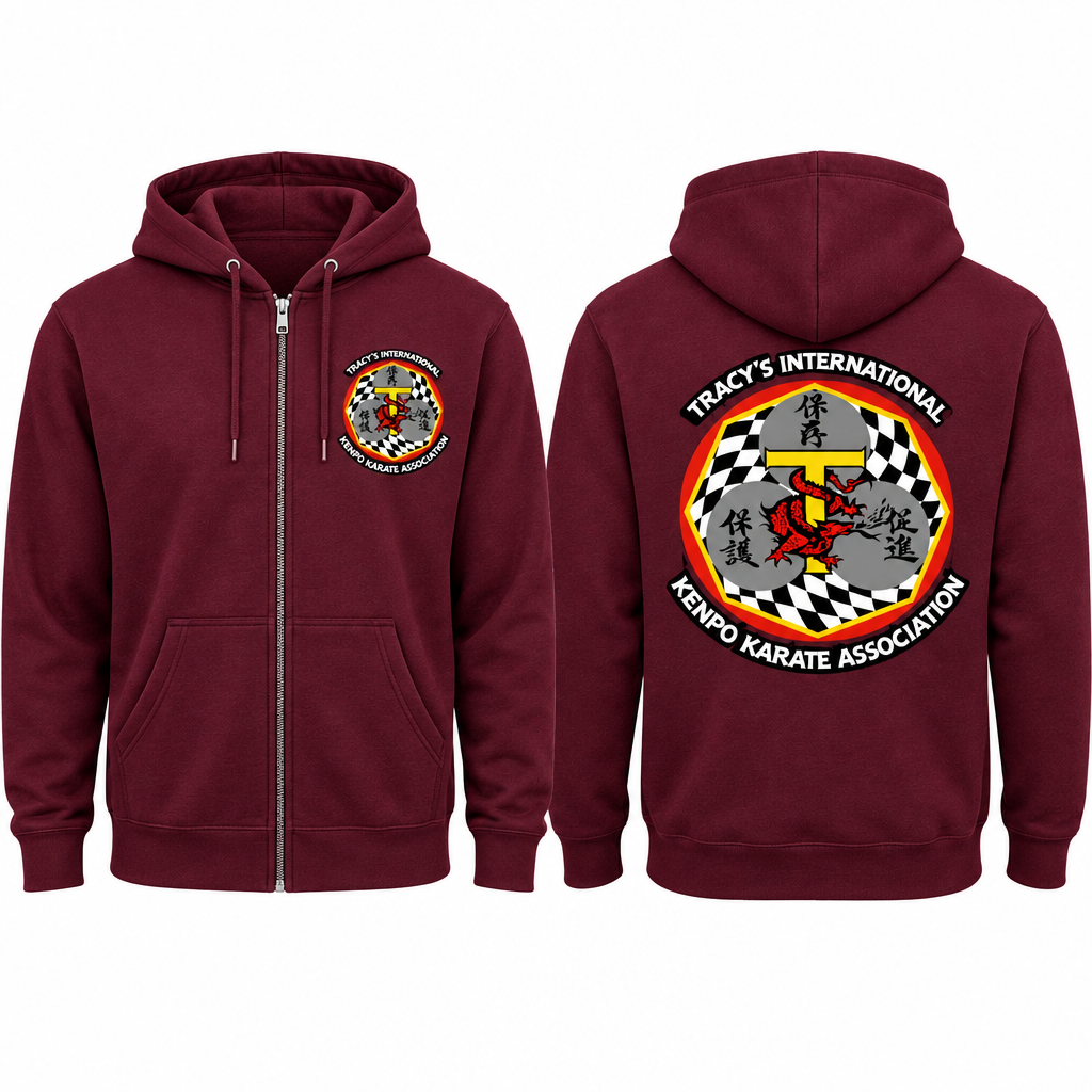 Burgundy zip-up cotton-poly hoodie mockup showing the original T.I.K.K.A. logo on the front and back.