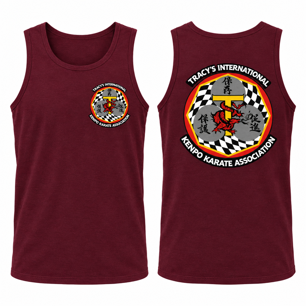 Burgundy sleeveless tank-top mockup showing the original T.I.K.K.A. logo on the front and back.