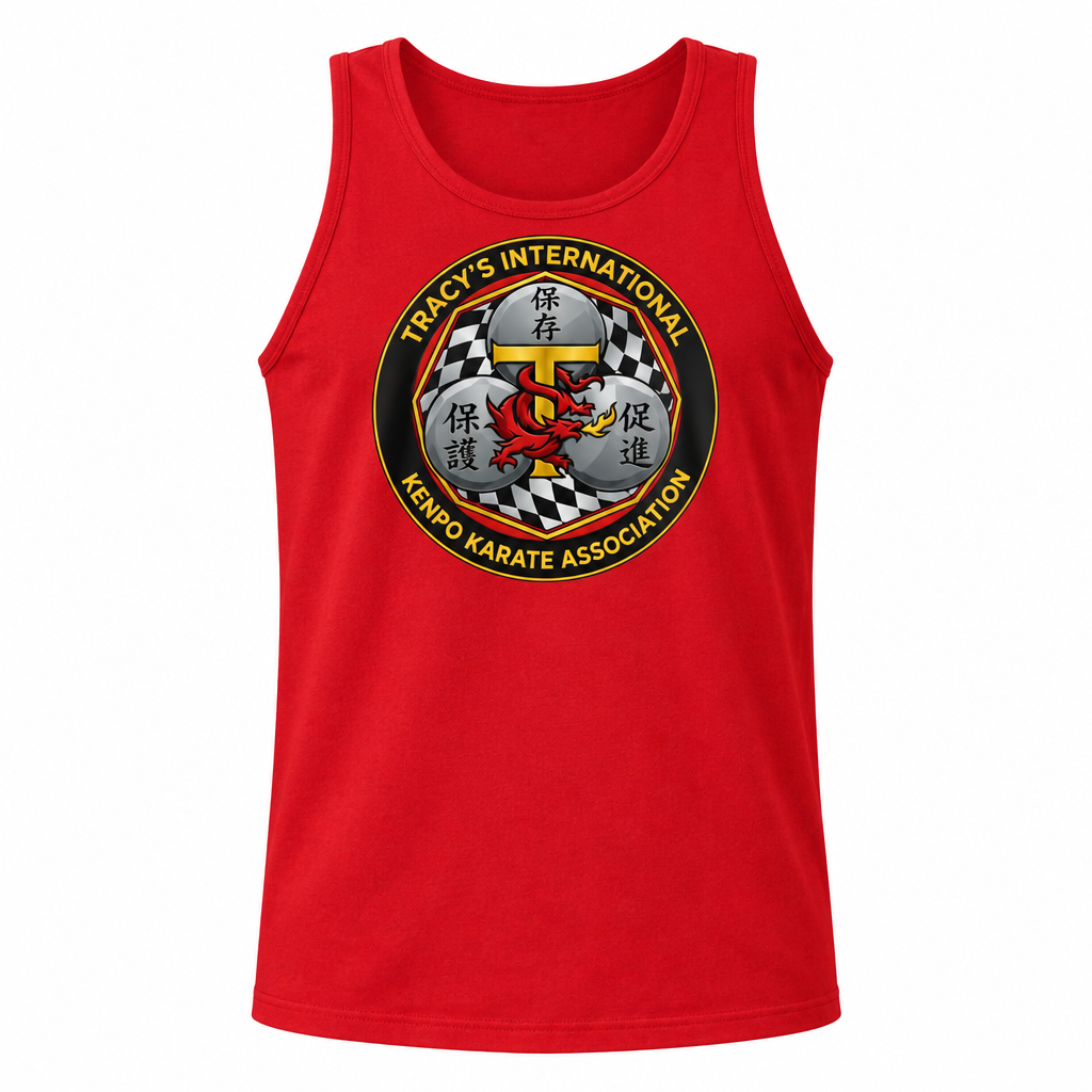 Red tank top with a large TIKKA MODERN design centered on the front.
