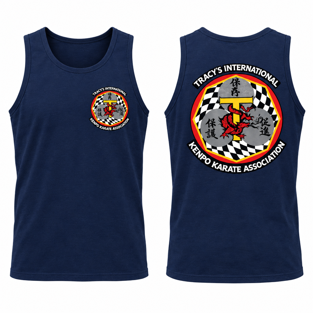 Navy sleeveless tank-top mockup showing the original T.I.K.K.A. logo on the front and back.