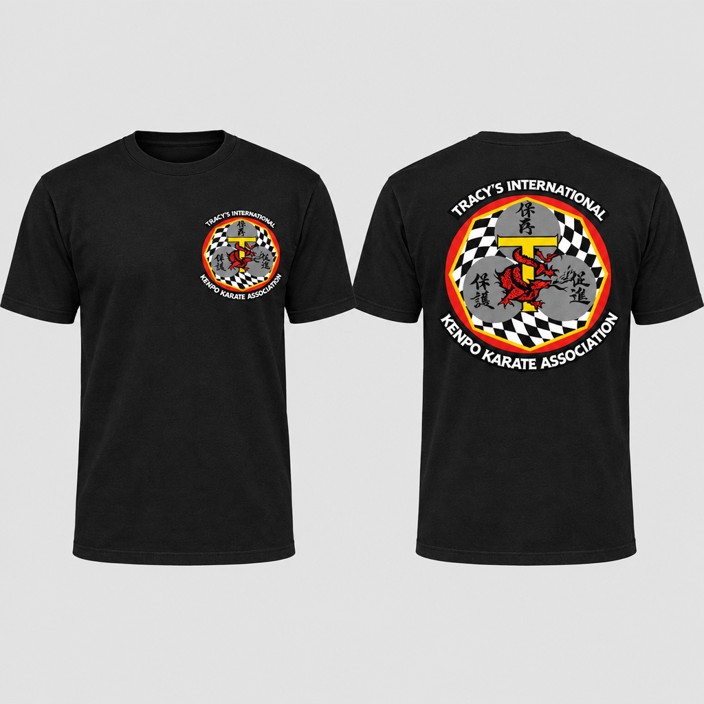 Black T-shirt with the original T.I.K.K.A. chest and back logos on a light-gray background.