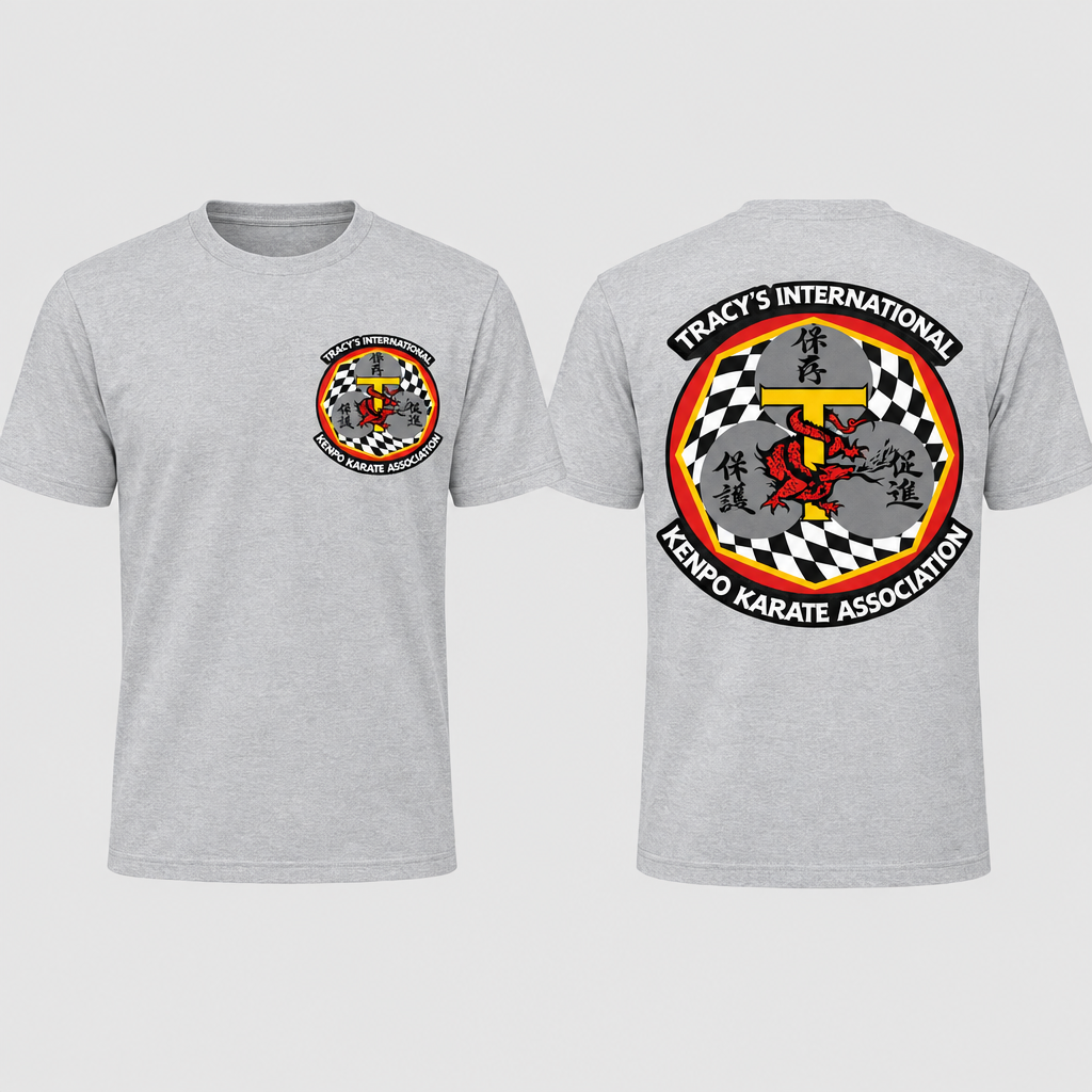 Light silver-gray T-shirt with the original T.I.K.K.A. chest and back logos on a light-gray background.