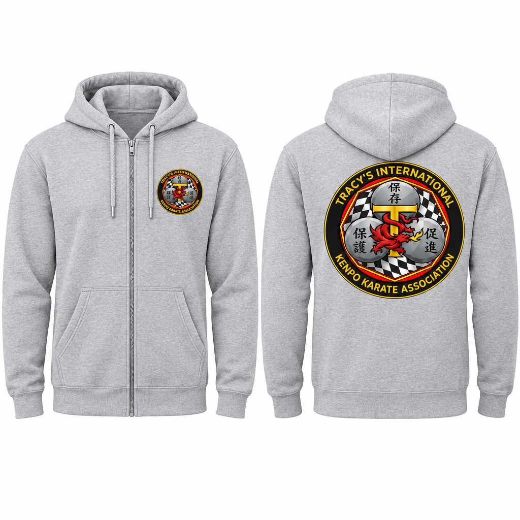 Silver full-zip cotton-poly hoodie with TIKKA MODERN logo on the front left chest area and larger logo on the back.
