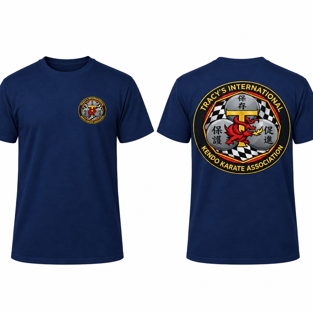 Navy T-shirt mockup with TIKKA MODERN front-left chest emblem and larger back design.