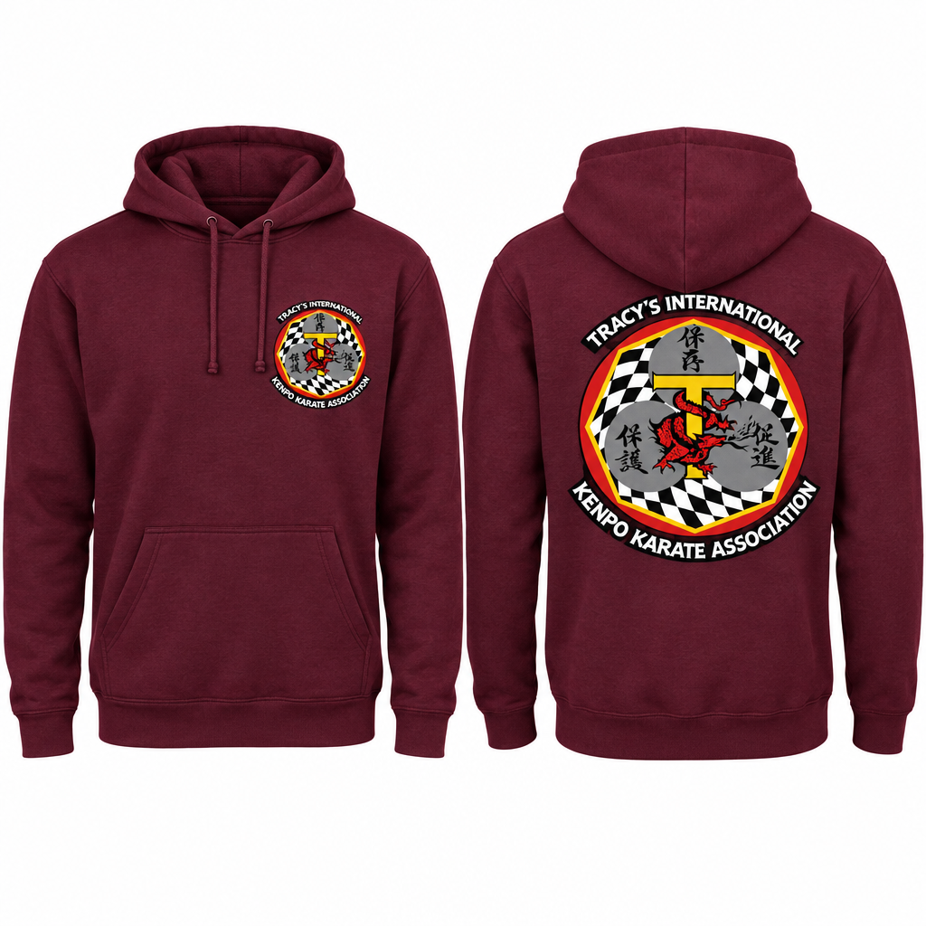 Burgundy cotton-poly hoodie showing the original T.I.K.K.A. logo on the front and back.