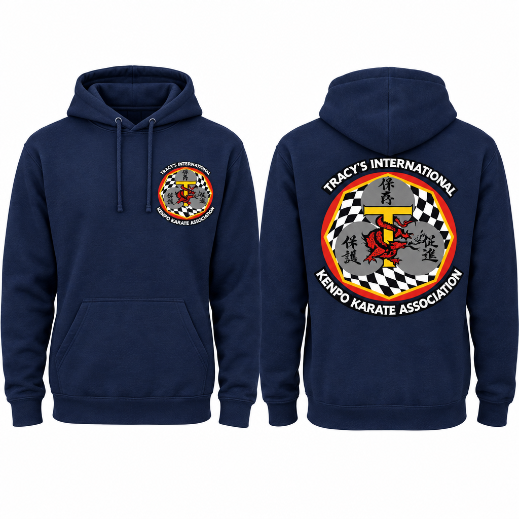 Navy cotton-poly hoodie showing the original T.I.K.K.A. logo on the front and back.