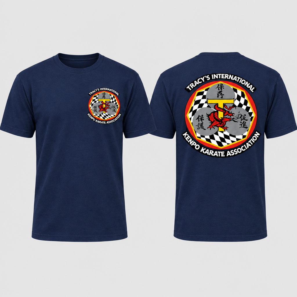 Navy T-shirt with the original T.I.K.K.A. chest and back logos on a light-gray background.