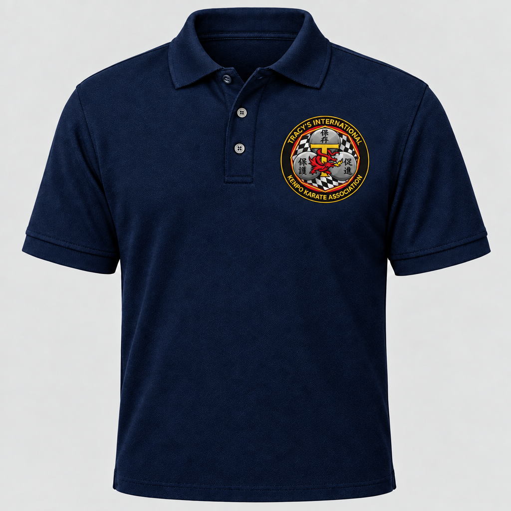 Navy polo with the hoodie-matched T.I.K.K.A. emblem reading Tracy's International at the top and Kenpo Karate Association at the bottom.