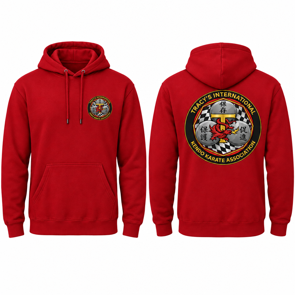 Red cotton hoodie with TIKKA MODERN emblem on the front left pocket area and a larger emblem on the back.