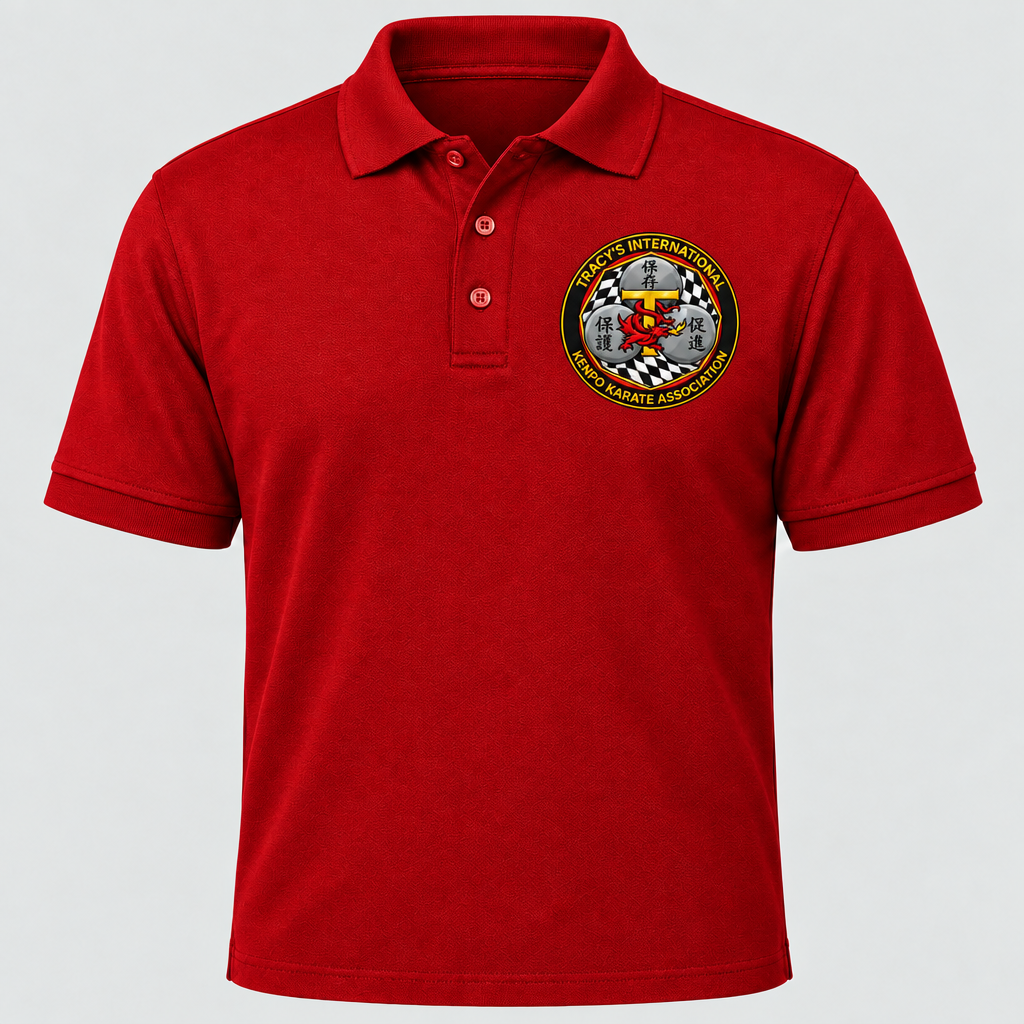 Red polo with the hoodie-matched T.I.K.K.A. emblem reading Tracy's International at the top and Kenpo Karate Association at the bottom.