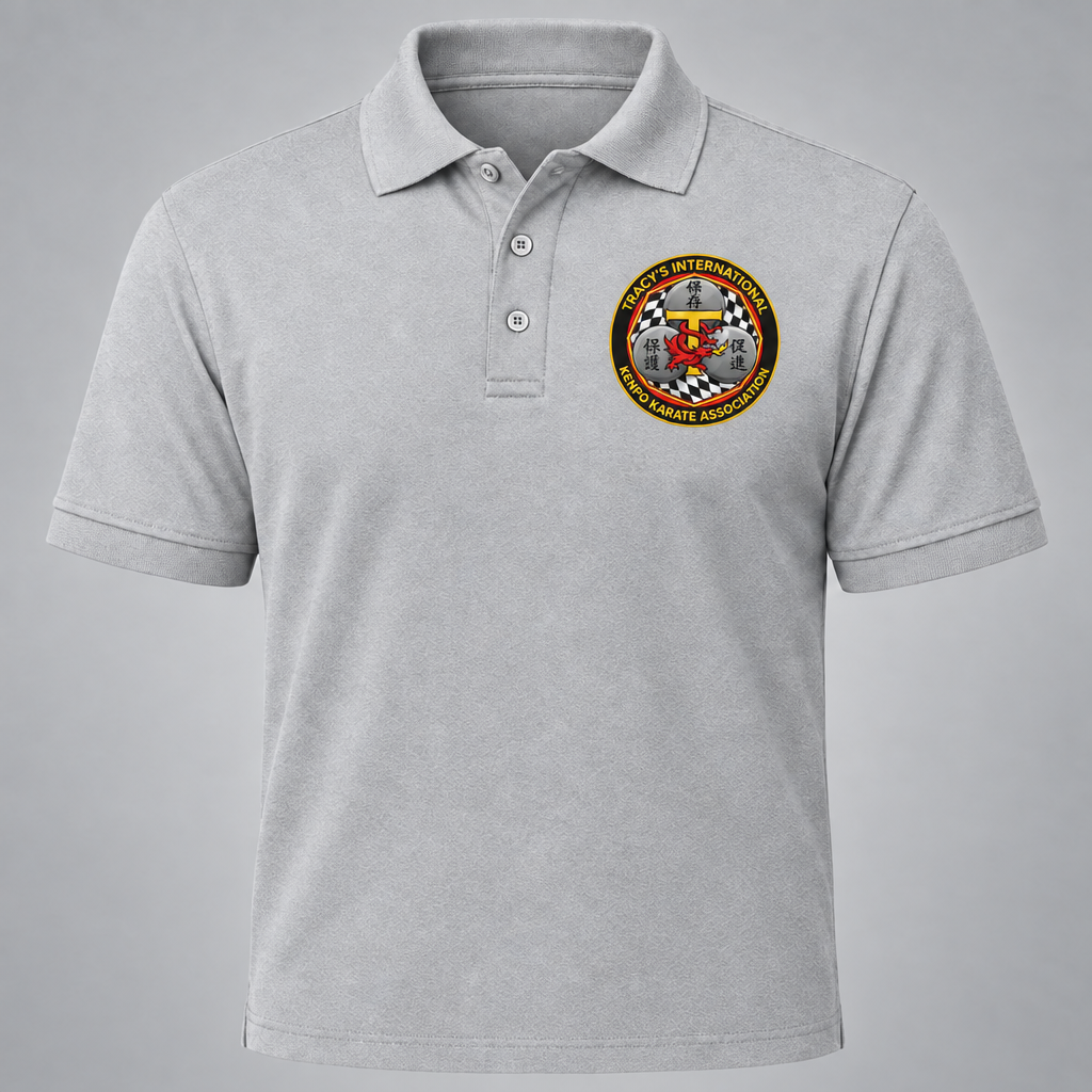 Silver polo with the hoodie-matched T.I.K.K.A. emblem reading Tracy's International at the top and Kenpo Karate Association at the bottom.